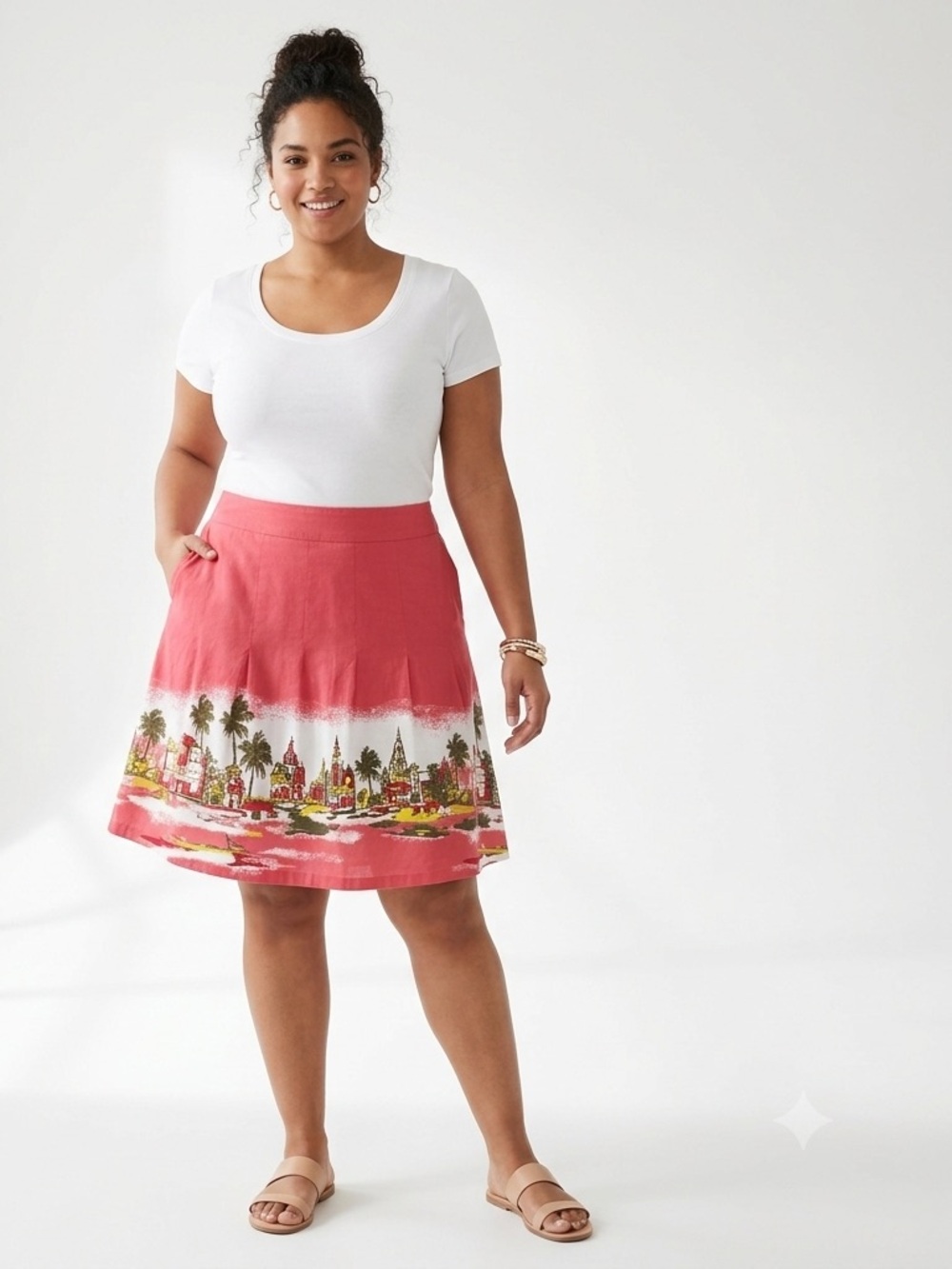 Old Navy Pink Tropical Border Print Cotton A-Line Skirt - Size 18